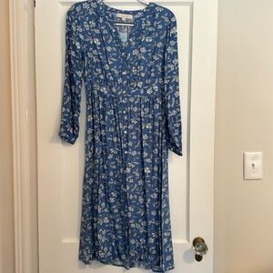 Boho/Prairie/Cottage Core Blue Print Midi V Neck Long Sleeved Button Front Dress